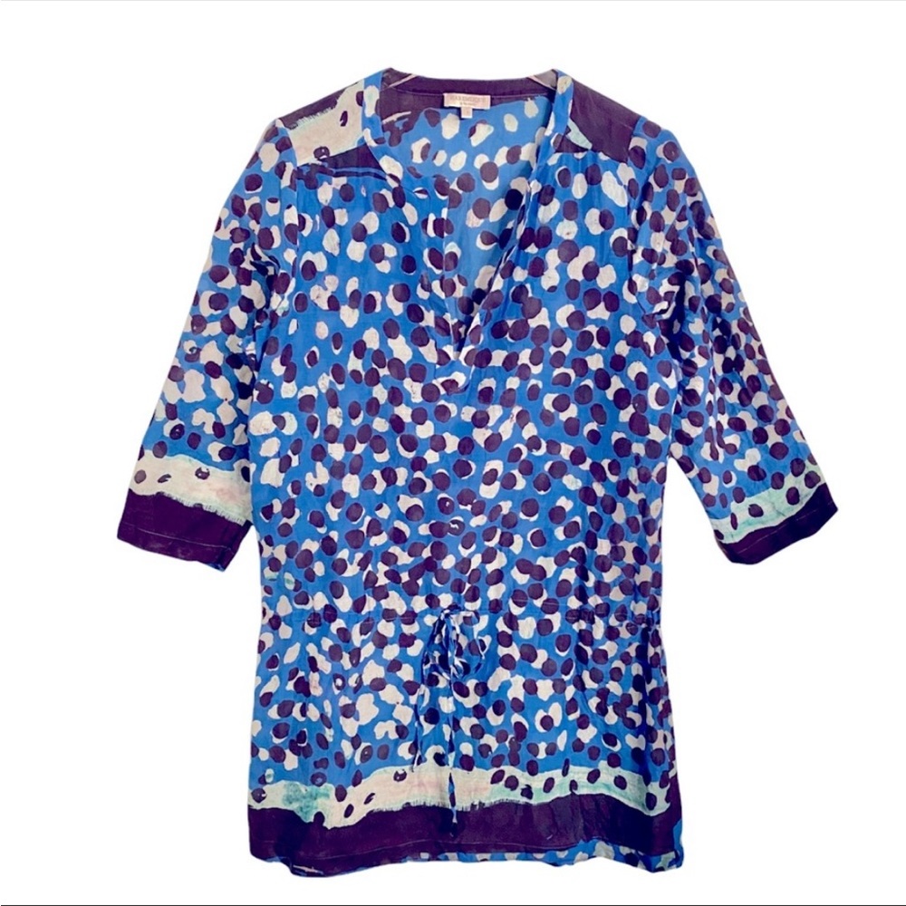 HAREMLIQUE Cotton Silk Tunic Cover Up Ayla A La Mer Blue White $275 Beach Pool - Picture 7 of 7